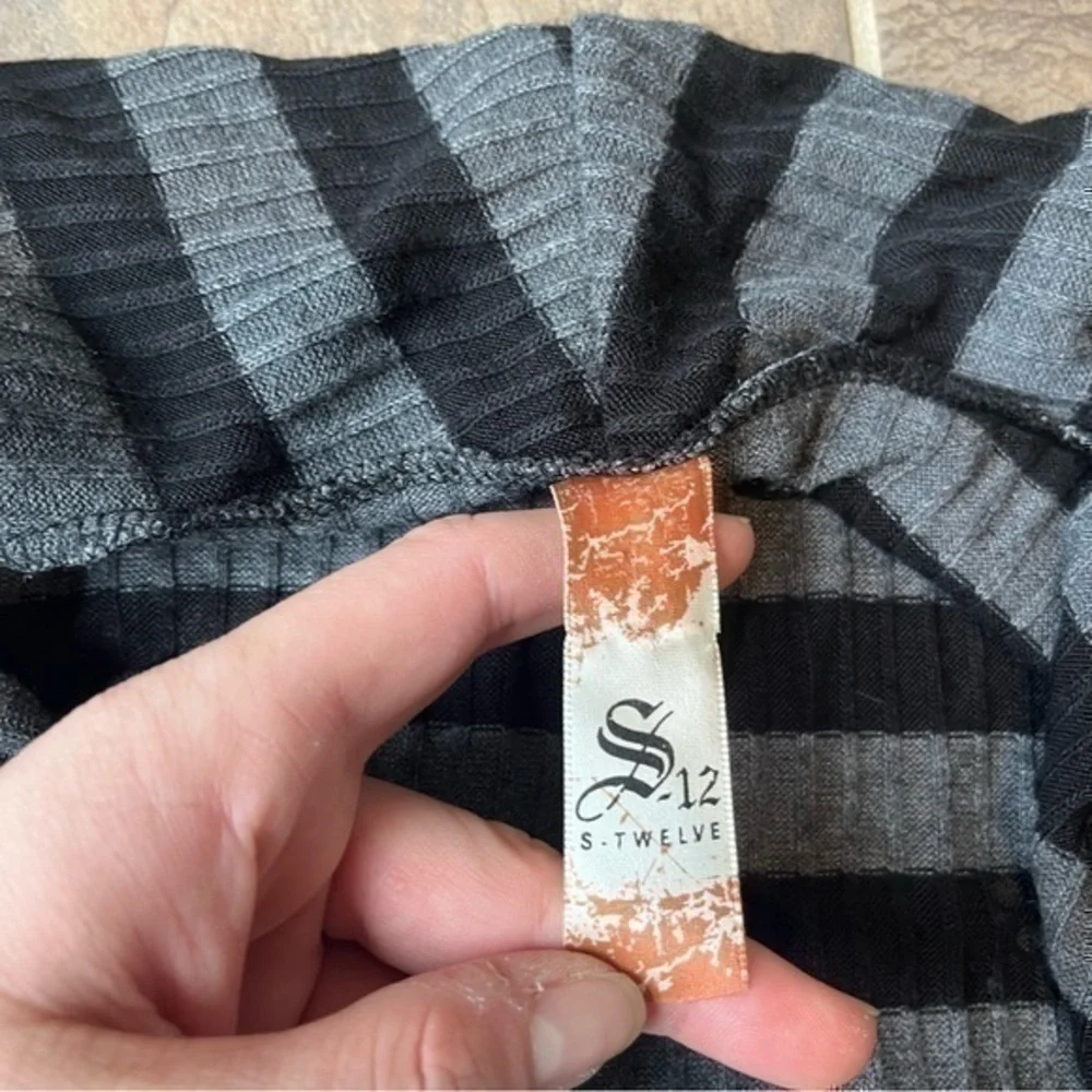 S.Twelve Gray Black Striped Skull Rhinestone Draped Cardigan Duster small